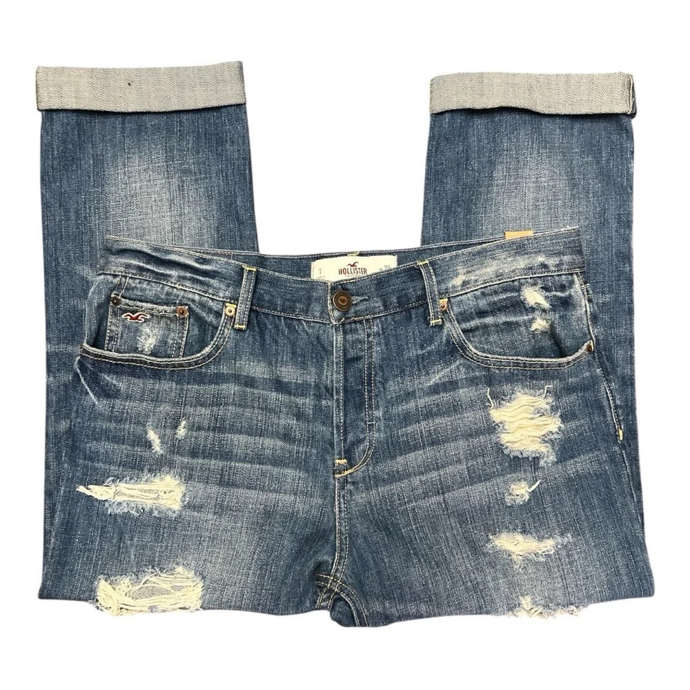 Hollister Jr. Cropped Boyfriend Relaxed Distressed Denim Jeans size 7 - Picture 4 of 12